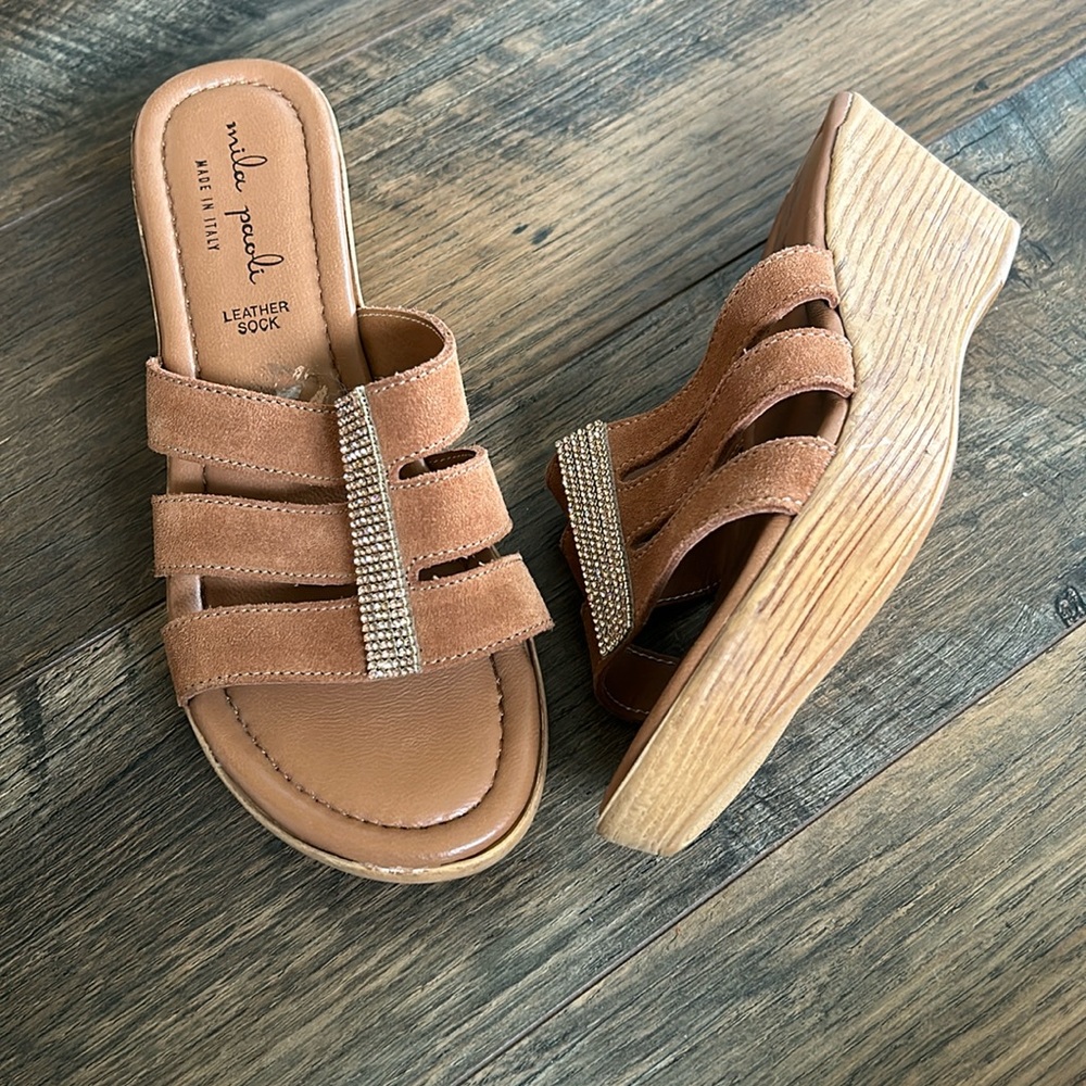 Mila Paoli Leather Y2K Wedge Slides with rhinestone Detail